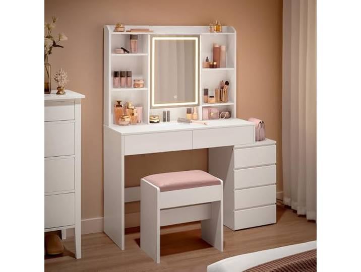 VASAGLE Schminktisch mit LED-Beleuchtung, Hocker, Spiegel, Schubladen Kosmetiktisch mit offenen Fächern, verstellbaren Ablagen, einstellbare Helligkeit, modern, wolkenweiß