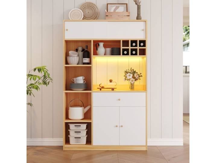 Meuble De Cuisine 115x35x180cm Éclairage LED - Armoire De Cuisine - 3 Portes 1 Tiroir Espace Micro-ondes Blanc et Bois Naturel