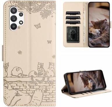 Inspired Deals Cute Cat Embossed Wallet Phone Case For Samsung Galaxy With Card Holder And Lanyard For Samsung Galaxy A13 4G beige
