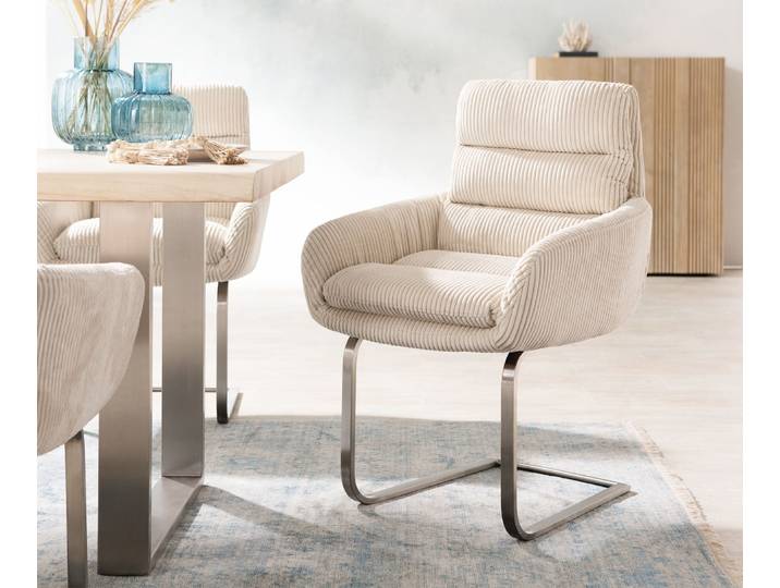 Freischwinger Abelia-Flex mit Armlehnen Cord Beige Freischwinger flach Edelstahl, Esszimmerstühle