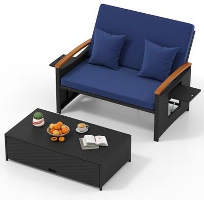 Costway Outdoor Wicker Daybed with Folding Panels and Storage Ottoman-Dark Blue