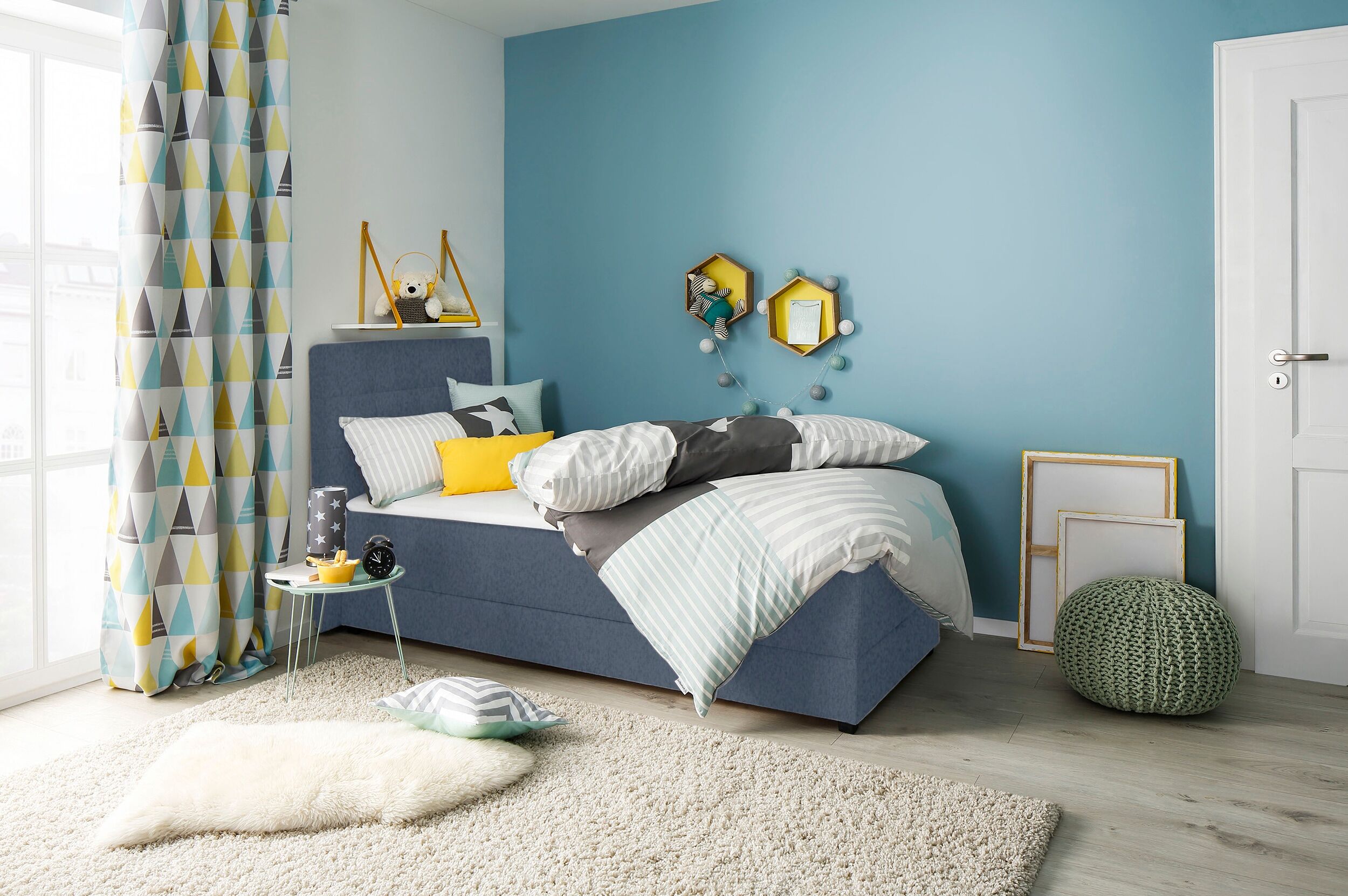 Boxbett HOME AFFAIRE "Mieke", blau, B:133cm L:210cm, Struktur imprägniert (100%), Komplettbetten, Boxbett, incl. Bettkasten und Topper, Bezug imprägniert, 2 Breiten