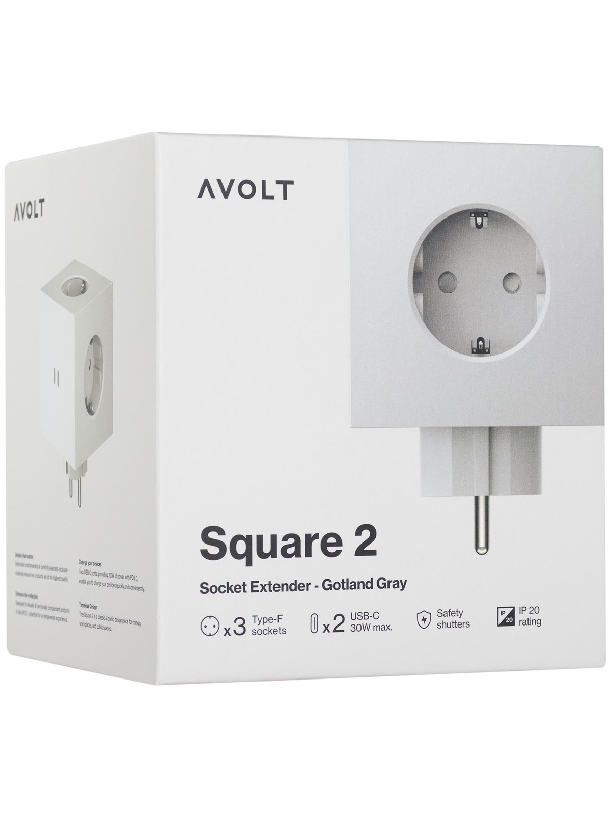 AVOLT Square 2 Socket extender with 30W Dual USBC Gotland Gray