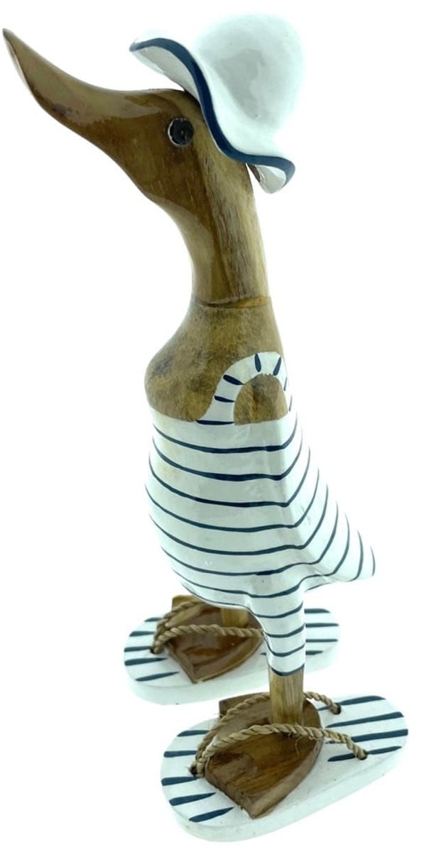 Houten eend Adam S donkerblauw wit voor op tafel