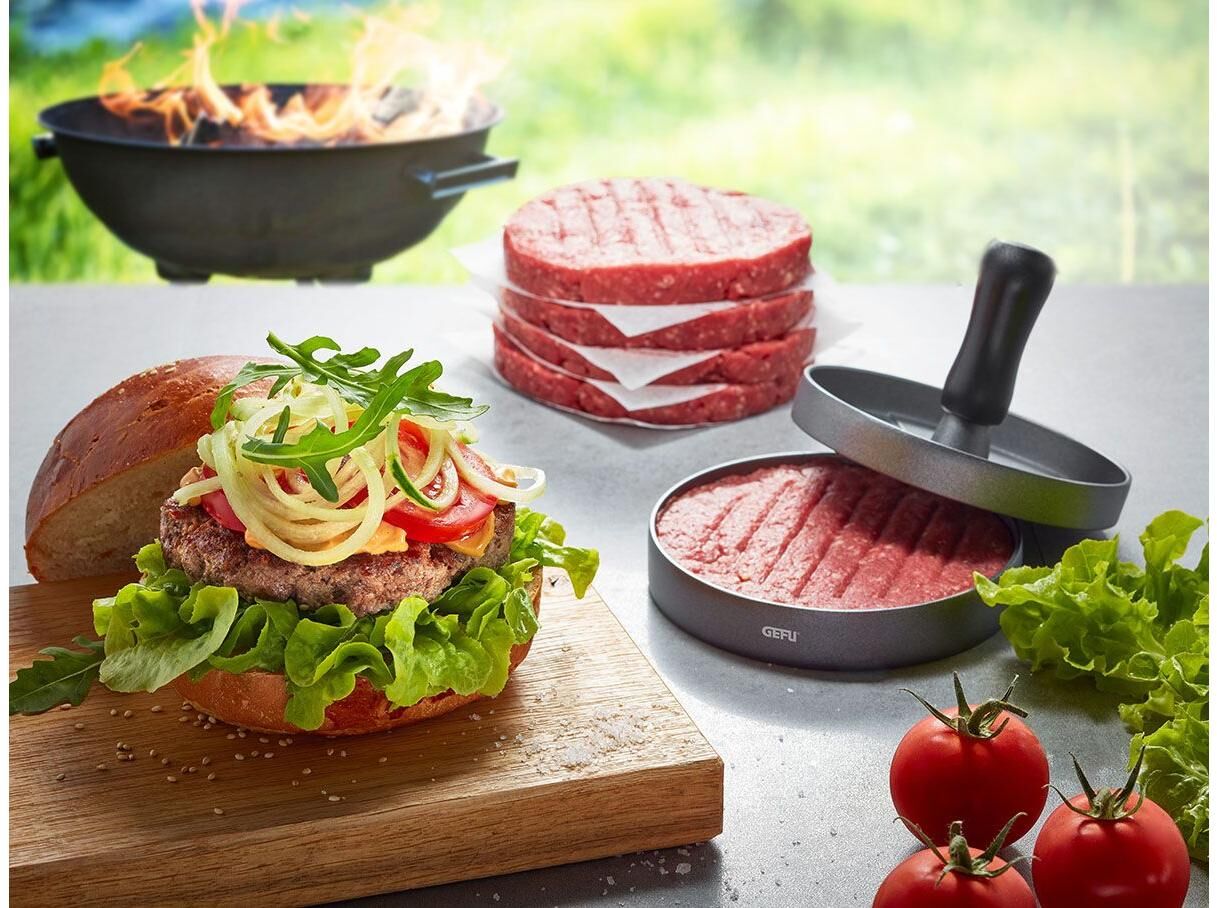 Burgerpresse GEFU "GEFU Burgerpresse BBQ 3-teilig", silber (silber anthrazit), B:25,5cm T:13,2cm Ø:11,8cm, Küchenpressen, Burgerpresse silber anthrazit Einheitsgröße