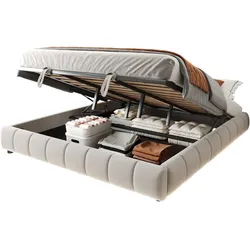 Polsterbett 180x200 cm mit Stauraum und LED-Beleuchtung – elegantes Design in Beige, hydraulischer Bettkasten