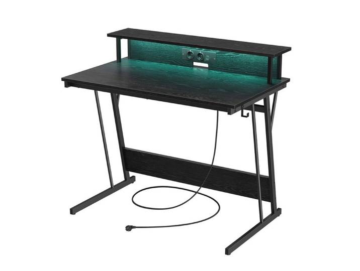 Bureau Gaming - LED - Multiprise - Support Écran - 100 1x60 1x76 1 cm - Noir