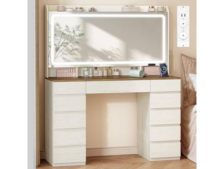 Hzuaneri Große Schminktisch mit Große HD-Spiegel, Weiß-Braun Schminktisch mit LED-Beleuchtung, 3 Farben, Einstellbare Helligkeit, mit 11 Schubladen, Fürs Schlafzimmer, DT43014XEU