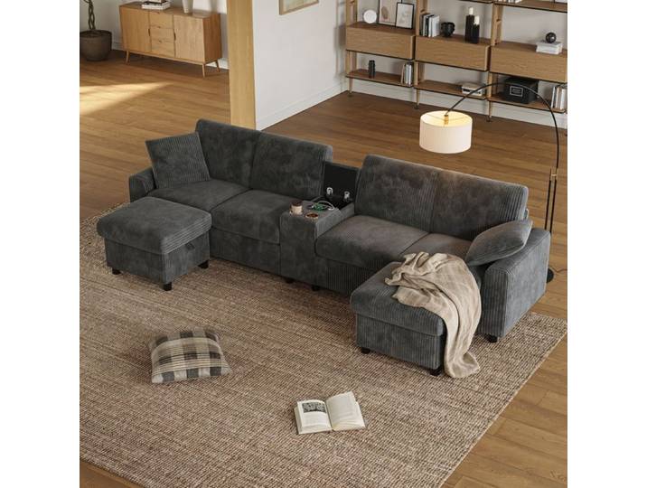 Canapé U modulable - ZEVKOR - Canapé U 1 pièce modulable - Velours côtelé gris - 4 places - Poufs & ports USB