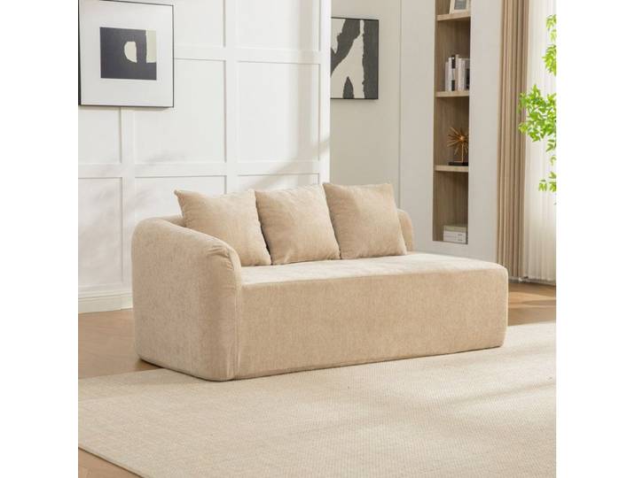 Canape 3 Places En Chenille Beige Canape Compresse Moderne FloraGrace Pour Salon Sans Montage 171.5x99x80.5cm