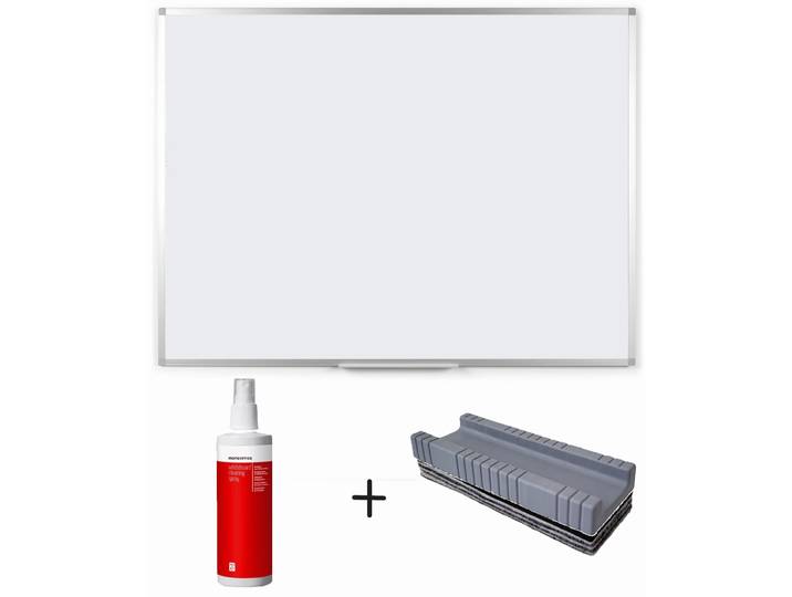 MONDOFFICE Pack Tableau blanc émaillé - L.120 x H.90 cm Magnétique - Spray nettoyant + Brosse Effaceur offerts