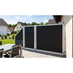 WPC Zaunelemente Samso 180 x 180 cm – WPC Zaun, Anthrazit mit Alu Rahmen – Hochwertiges WPC Zaunfeld – Sichtschutz für Garten & Terrasse