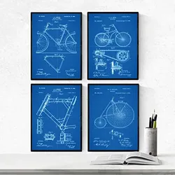 POSTER Set mit 4 Blau Fahrrad Patent A4 Schwarzer Rahmen