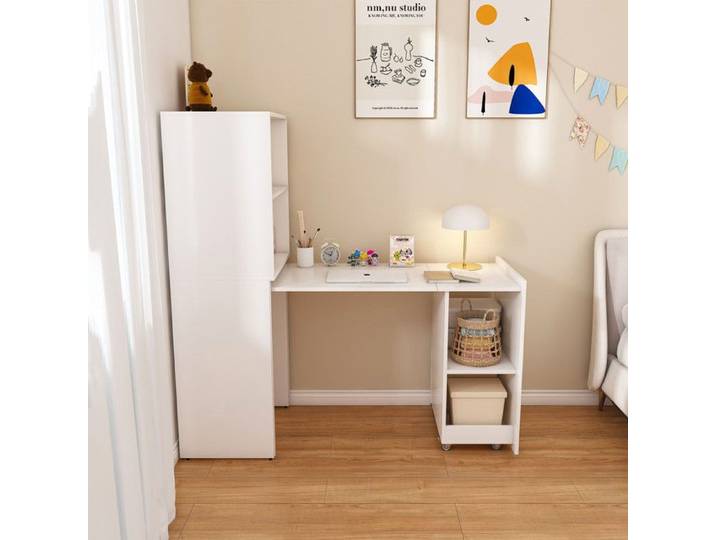 Bureau extensible blanc avec armoire de rangement bureau pliant dessus extensible et étagères réglables pour chambre et bureau