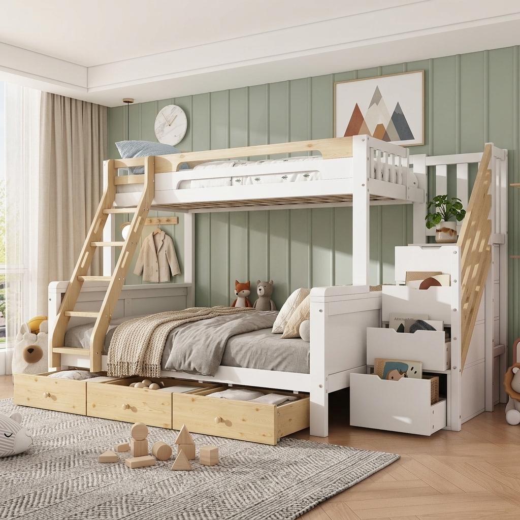 okwish Etagenbett 90/140×200 mit 3 Bettkästen und Stauraumtreppe, Jugendbett mit Sicherheitsgeländer,Viel Stauraum,Weiß,ohne Matratze