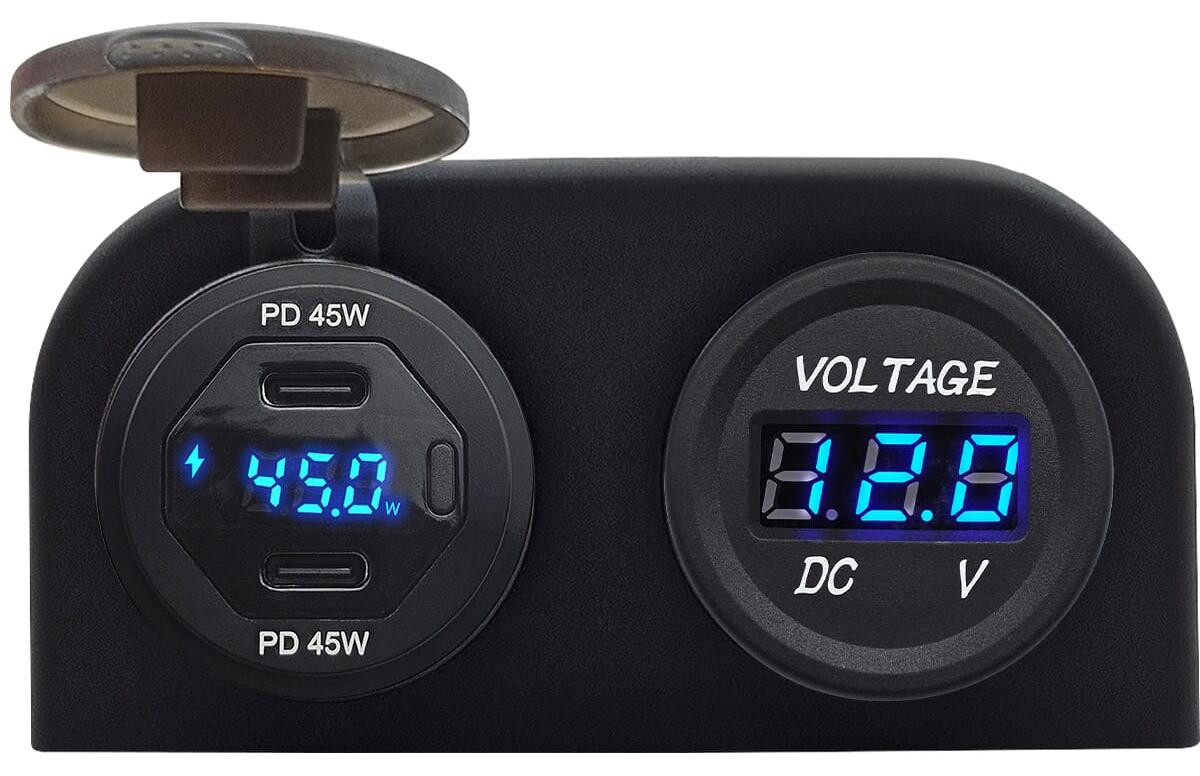 ProRide USB-C-autolader met 2 poorten, QC3.0, 45W en voltmeter, 12V, Blauw