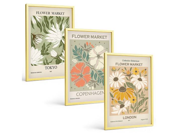 Tulup Bilder SET 3er Set - 40x60 cm Goldrahmen - Blumenmotive aus Städten auf der ganzen Welt, Goldfarben, Kunststoff, Rechteckig, 40x60 cm, Fotografie, Bilder & Rahmen, Bilder