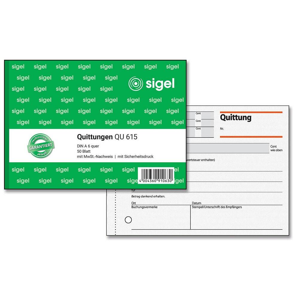 SIGEL QU615 Quittungsbuch A6 quer ohne Durchschlag - 50 Blatt