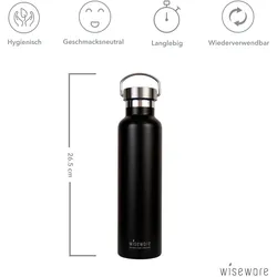 Wisefood Edelstahl-Trinkflasche, 750 ml, BPA-frei, isoliert, schwarz: 1 Flasche