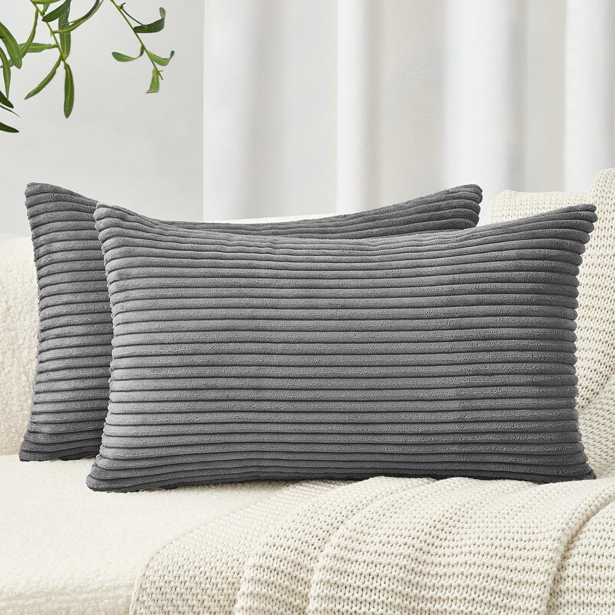 Set van 2 donkergrijze corduroy kussenslopen voor sierkussens, 50 x 70 cm