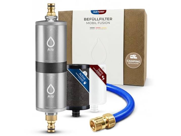 Alb Filter MOBIL FUSION Befüllfilter Camping Alu Silber Zweistufiger Wasserfilter gegen Schadstoffe & Keime bis 0,1 µm, Befüllfilter, GEKA-Set, Made in Germany
