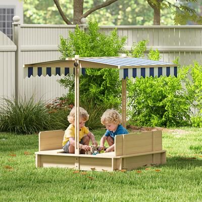 "Outsunny Kids Sandbox with Cover, Outdoor Wooden Sandbox with Canopy - 41.75"" x 41.75"" x 47.75"""