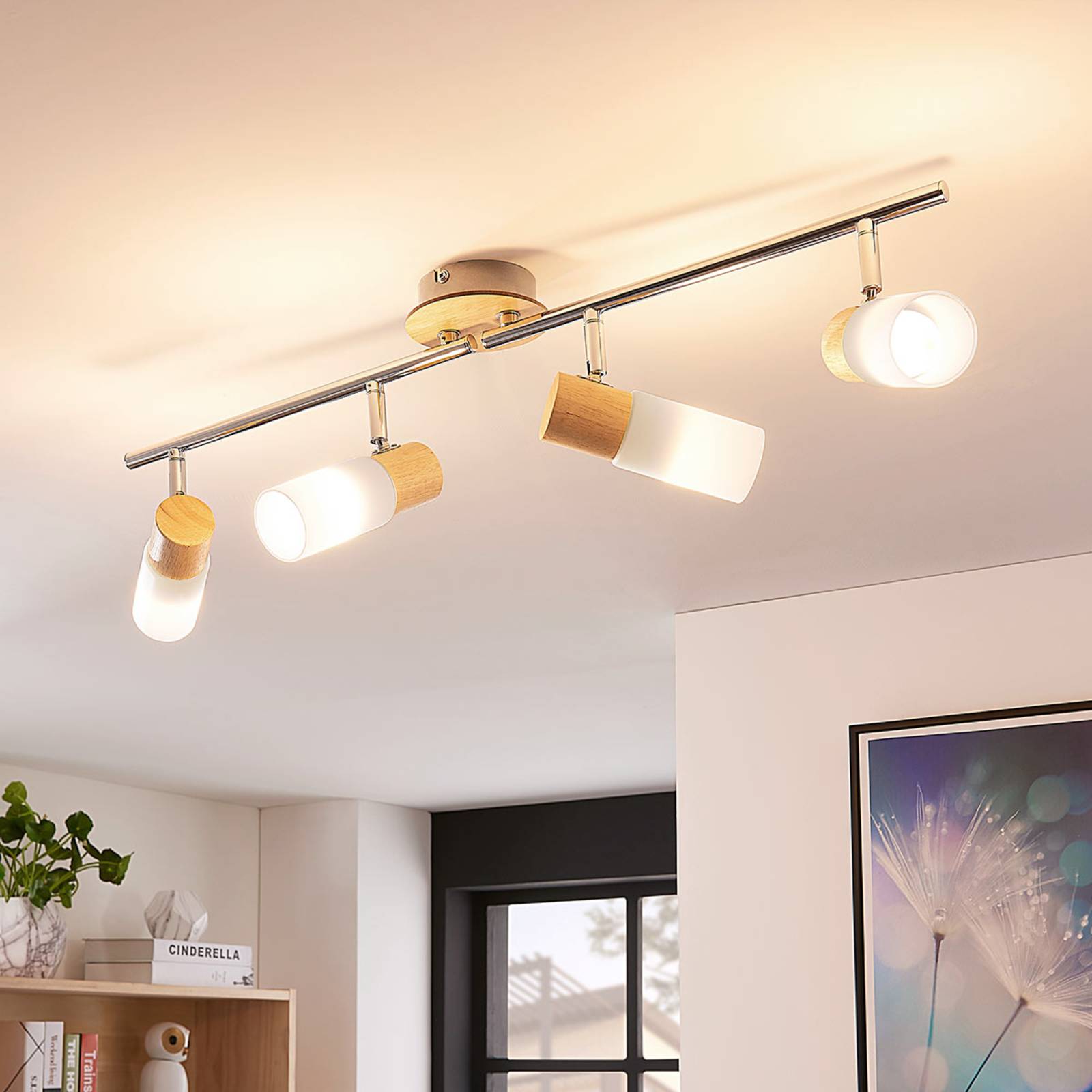 Christoph wooden spotlight, 4-bulb Lindby, Light wood, Living / Dining Room, Wood, Country House / Rustic, Ceiling Light