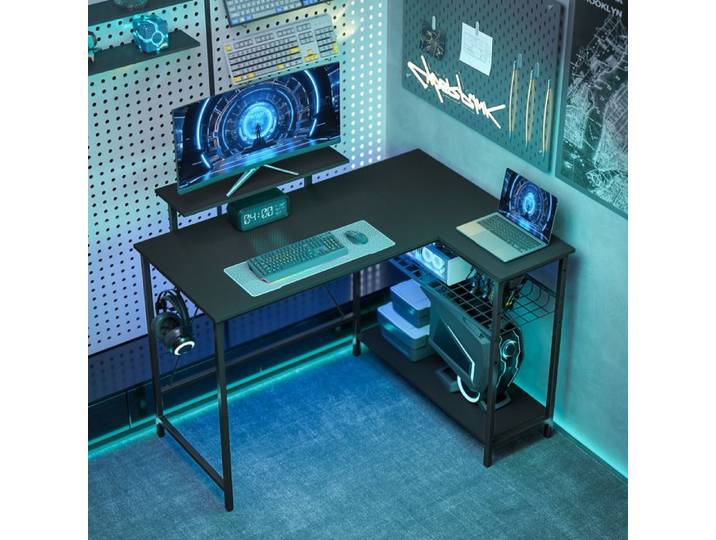 Bureau gaming réversible bureau gaming d'angle support pour écran étagère en maille réglable 114 5x82x91 5cm noir