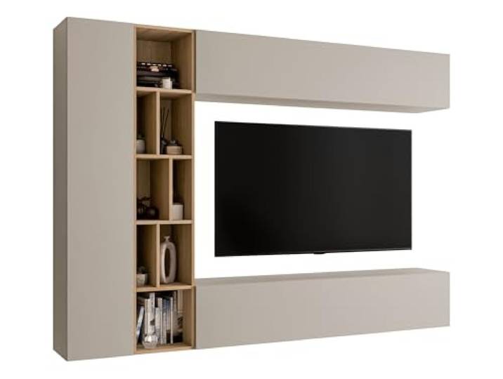Mirjan24 Wohnwand Kodita, Anbauwand, Fernsehschrank, Schrankwand, Mediawand, Wandregal, Schrank, TV-Lowboard (Cashmere/Eiche Cremona)