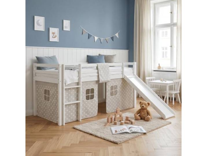 Homestyle4u Hochbett 90x200 Weiß - Kinderbett mit Rutsche & Matratze Massivholz Spielbett inkl. Lattenrost & Vorhang - Stabiles Kinderhochbett mit Rausfallschutz fuer das Kinderzimmer