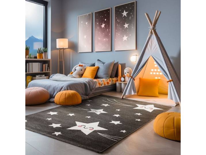 Tapis Enfant - Marque - Etoiles Mignonnes - Chambre Enfant - Rectangle - Gris - Blanc