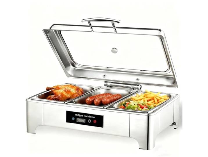 RSHJD Chafing Dish Elektrisch, 9L Edelstahl Warmhaltebehälter Essen Buffet Kommerziell Speisewärmer Buffetwärmer Elektrisch mit Sichtbarem Glasdeckel und Touchscreen-Temperaturregelung