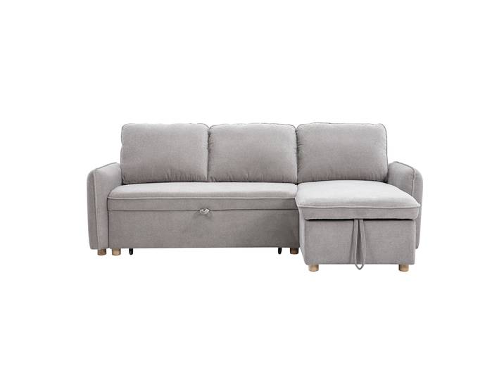 Ecksofa mit Schlaffunktion und umkehrbarer Abstellfläche 3-Sitzer in grauem Samt-Effekt Stoff und hellem Holz ORSO