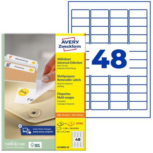 Avery Zweckform wieder ablösbare Etiketten L4736REV-25, 45,7 x 21,2 mm, 1200 Etiketten, weiß