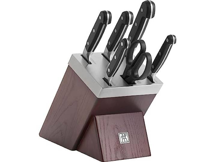 ZWILLING Pro selbstschärfender Messerblock, 7-tlg., Esche, Messer und Schere aus rostfreiem Spezialstahl, 3-Nieten-Design, Braun