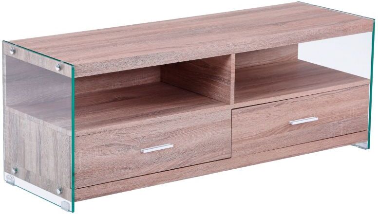 duehome Mueble TV de 2 cajones y 2 estantes 121cm Evan - Cristal - Roble