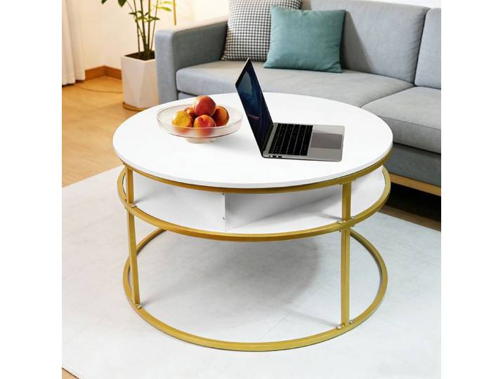 OHMG-Table Basse Ronde Réglable En Hauteur-Espace De Rangement Caché-Motif Marbré-Cadre Métallique-Cadre Blanc Et Or