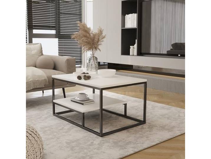 Design Möbel Couchtisch mit Ablage 90 Couchtisch Wohnzimmertisch Kaffeetisch Sofatisch Tischplatte Tisch mit unterer Ablage Beine aus Metall Industrieller Stil Basic