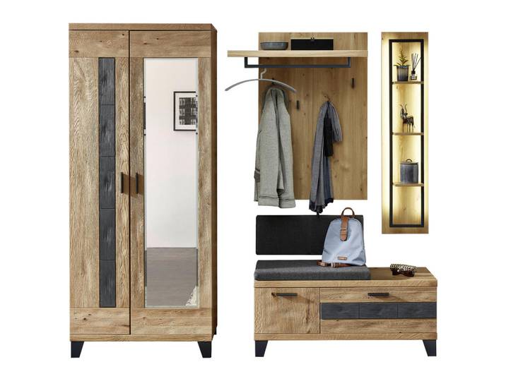 Linea Natura Garderobe, Grau, Eichefarben, Holz, Textil, Holzwerkstoff, 6-teilig, Wildeiche, massiv, 128x203x38 cm, Garderobe, Garderobensets & -serien, Garderoben-Set