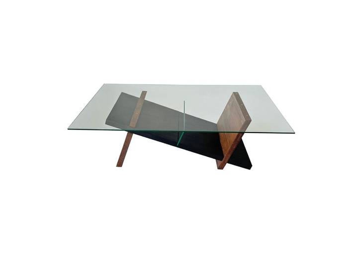 Table basse design verre / bois pied oblique