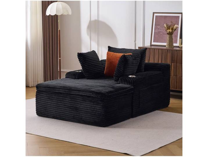 Canapé lit convertible noir 165 x 112 x 63 cm sans montage velours côtelé mousse haute densité 3 coussins porte-gobelets