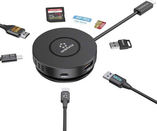 Renkforce RF-7533296 USB-Hub 7+1 Port USB-C USB 3.0 10 GBit/s mit eingebautem Konverter Schwarz RF-7IN1USBCH