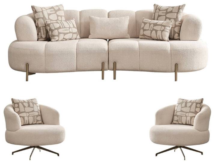 Villa Möbel Polstergarnitur Vega, (Sofa Set, 3-Sitzer + Sessel + Sessel), Boucléstoff Creme Antikgold Füße Ruhiges Design Weicher Komfort