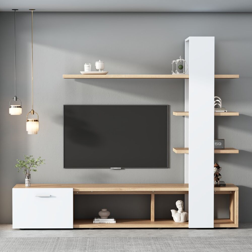 Urban Meuble Ensemble de meuble TV mural de salon moderne effet chêne blanc Beige 180x152x34cm