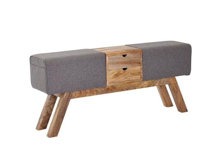 Wohnling Turnbock Sitzbank 120x30x56 cm Stoff Grau mit Schubladen Garderobenbank Retro mit Stauraum bis 200 kg, Stoffbank kultig, Bank mit massiven Holzbeinen für Flur