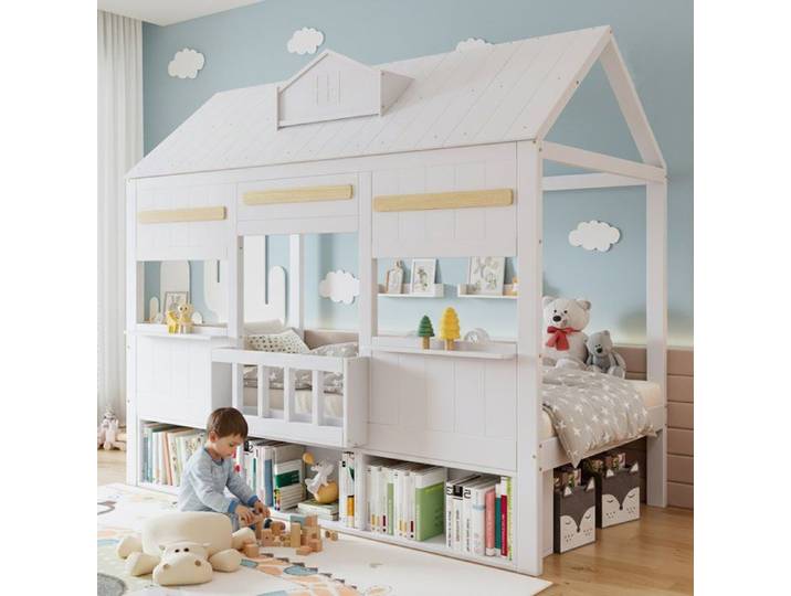 Lit mezzanine 90x200 avec rangement design maison blanc pour enfant