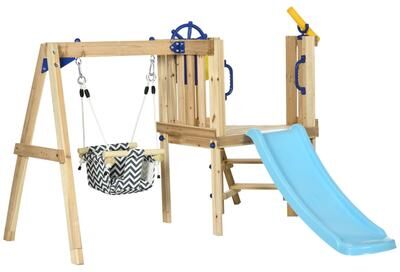 Kodotan sofa 3 in 1 Wooden Swing Set Outdoor Playset with Baby Swing Seat,Toddler Slide,Captain's Wheel,Telescope - Natural Wood