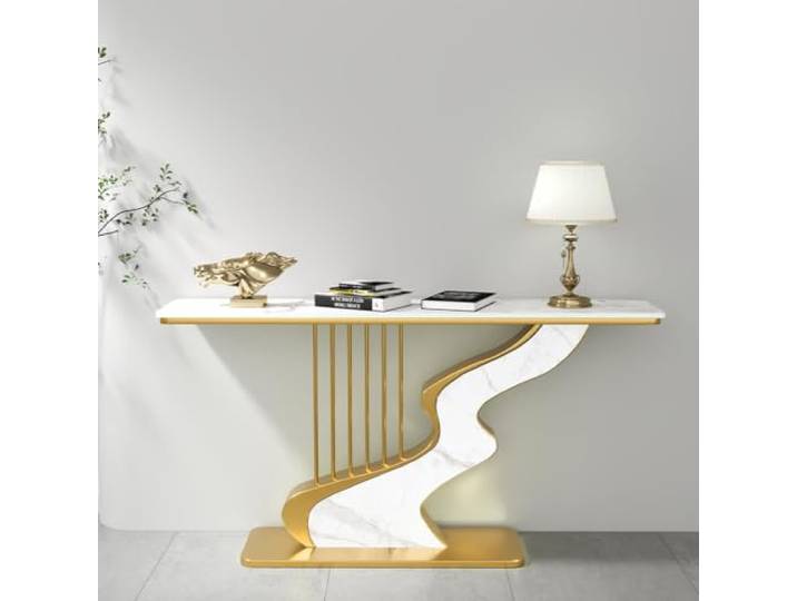 Schmaler Halbmond-Konsolentisch, Luxuriöser Akzenttisch für das Sofa Schmaler Konsolentisch für Flur und Korridor mit Schieferplatte und Harfenförmigem Gestell, Wandnah(Gold C,80CM/31.5IN)