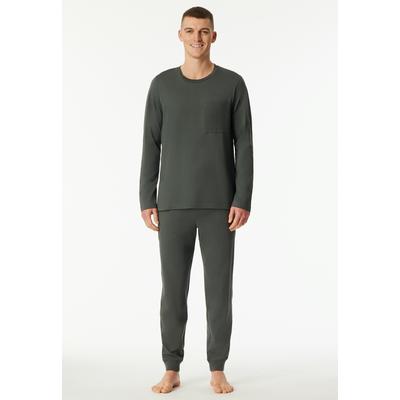 Schlafanzug SCHIESSER "Modern Nightwear", Herren, Gr. 54, Single Jersey, grau (dunkelgrün), Single Jersey, Obermaterial: 100% Baumwolle, bequem lang, Rundhals, Homewear-Sets Schlafanzug, seitliche Taschen, Brusttasche, Langarm, Baumwolle, Single Jersey