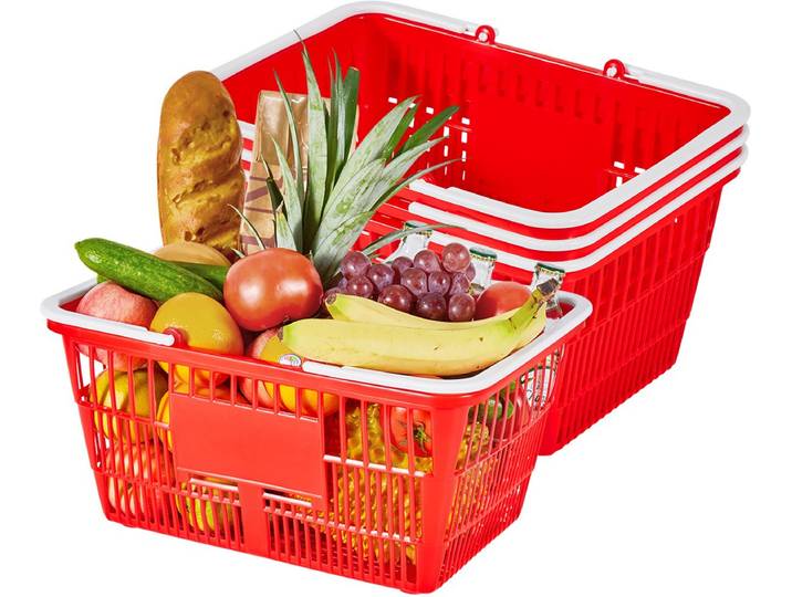 VEVOR Boodschappenmand\, 4 Stuks\, 21 L\, PE-Kunststof Draagmand met Handvatten\, Stapelbare Universele Mand\, Draagbare Kunststof Mand voor Boodschappen\, Detailhandel\, Winkels\, Supermarkten\, Thuisgebruik\, Rood